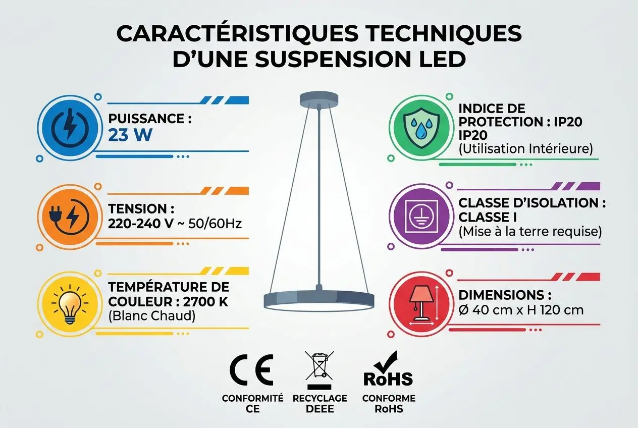 Suspension LED salle à manger : affiche des caractéristiques techniques avec luminaire rond, comprenant puissance 23 W et dimensions Ø 40 cm x H 120 cm. Indice IP20, température 2700 K et tension 220–240 V, sera adapté à une salle à manger moderne.