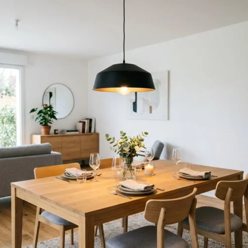 Suspension luminaire noire au-dessus d’une table à manger en bois dans un séjour lumineux, cadre minimaliste et plantes d’intérieur. Comment choisir suspension luminaire adapté à la pièce.