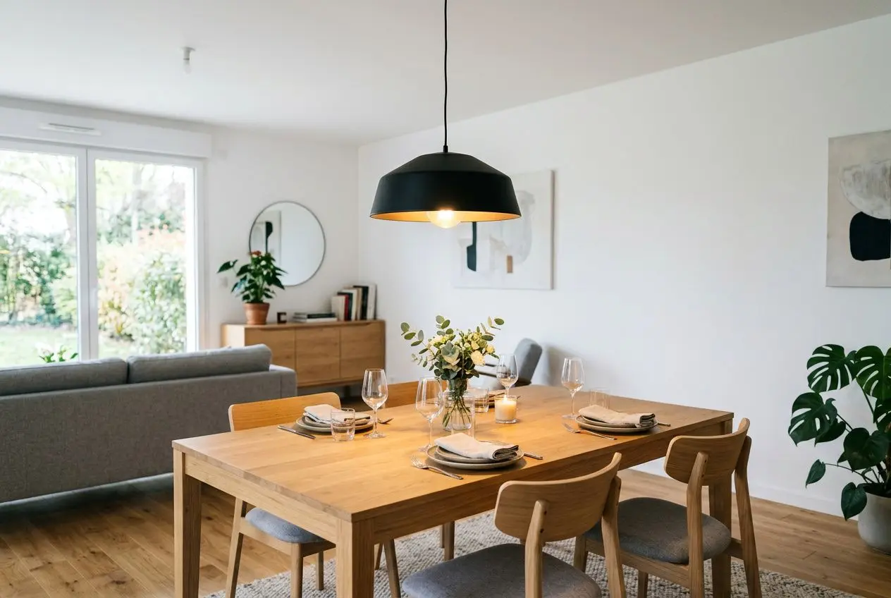 Suspension luminaire noire au-dessus d’une table à manger en bois dans un séjour lumineux, cadre minimaliste et plantes d’intérieur. Comment choisir suspension luminaire adapté à la pièce.
