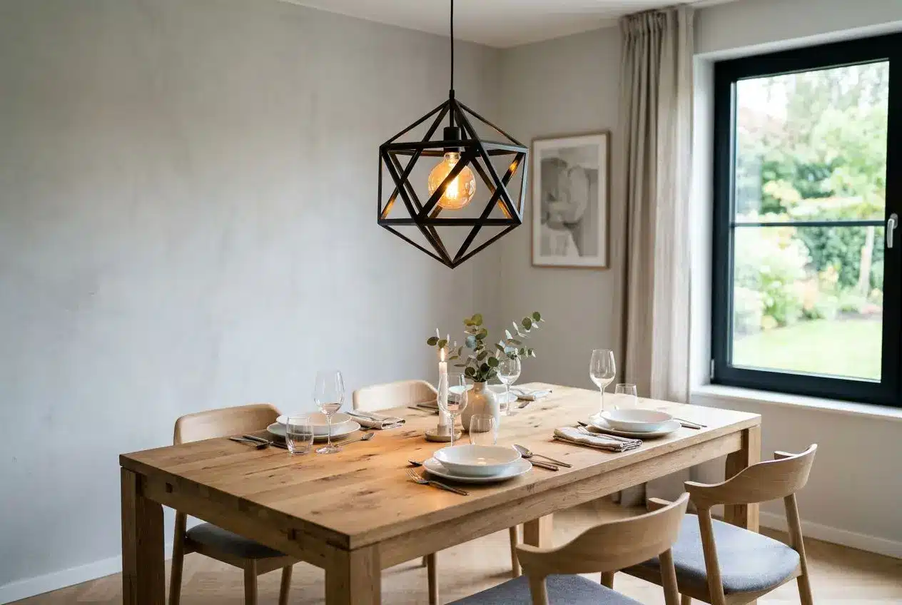 Suspension luminaire salle à manger moderne: suspensions géométriques en métal noir au-dessus d'une table en bois, éclairant un dîner agréable dans une salle lumineuse.