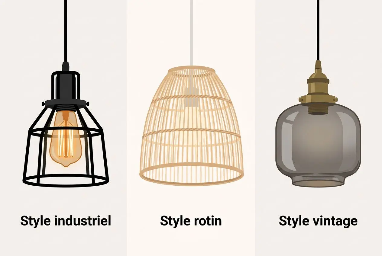 Suspension luminaire salle à manger moderne avec trois styles: industriel, rotin et vintage.
