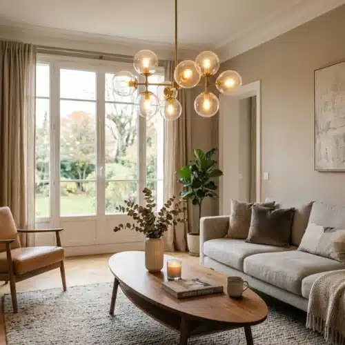 Suspension lumineuse moderne à billes dorées au-dessus d’un salon cosy, éclairage chaleureux près d’un canapé et d’une table basse. Hauteur suspension luminaire adaptée à l’espace living.