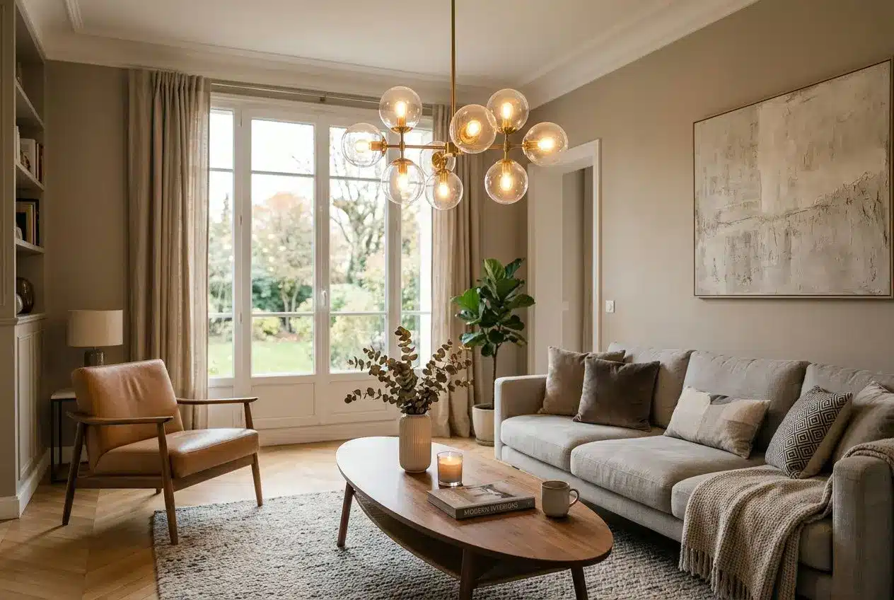 Suspension lumineuse moderne à billes dorées au-dessus d’un salon cosy, éclairage chaleureux près d’un canapé et d’une table basse. Hauteur suspension luminaire adaptée à l’espace living.