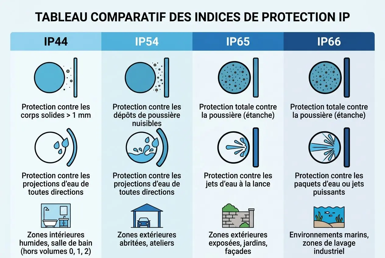 Tableau comparatif des indices de protection IP (IP44, IP54, IP65, IP66) avec icônes: protection contre poussière, projections d’eau, jets d’eau et environnements adaptés. Intègre le sujet: "comment choisir son projecteur extérieur" et guide d’éclairage LED.