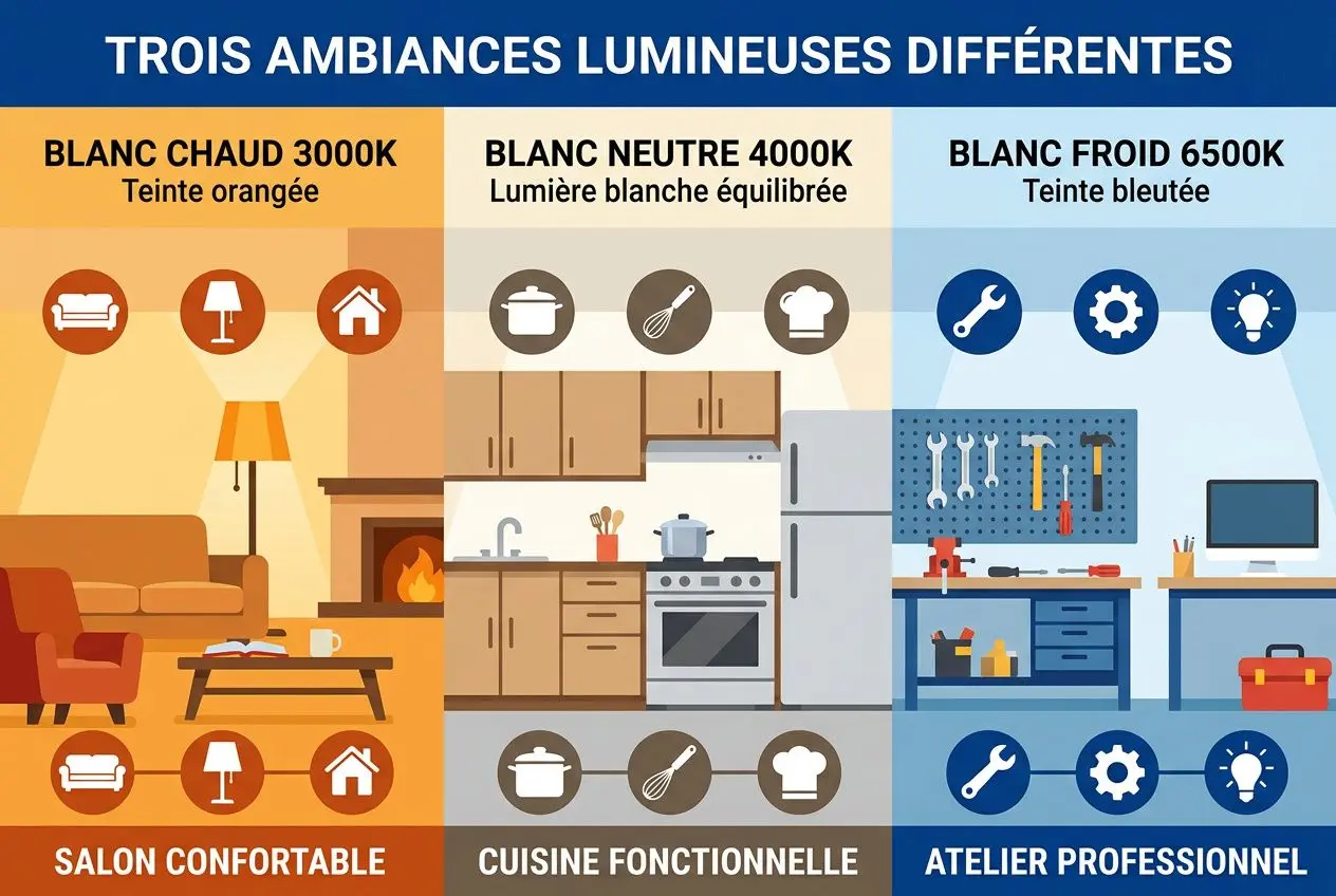 Trois ambiances lumineuses: salon confortable, cuisine fonctionnelle et atelier professionnel avec des spots LED encastrables représentés. comment choisir spot led encastrable