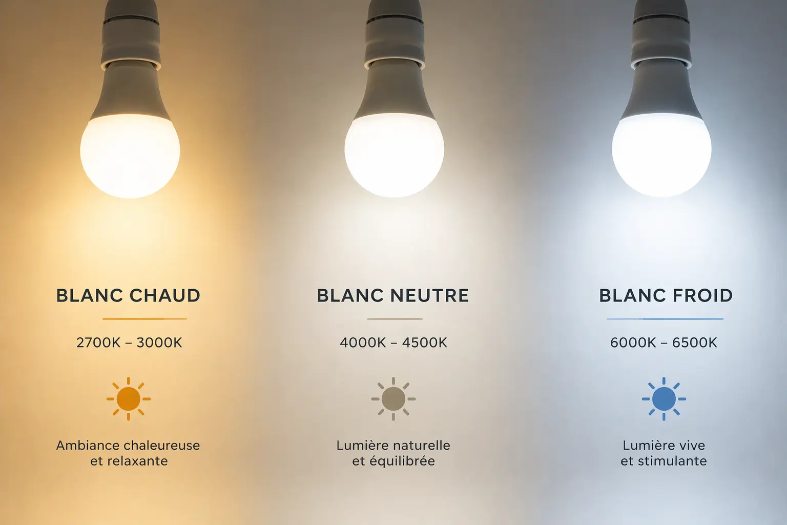 Trois ampoules suspendues affichant des teintes lumineuses: blanc chaud 2700–3000K, blanc neutre 4000–4500K et blanc froid 6000–6500K, avec descriptions d’ambiance.