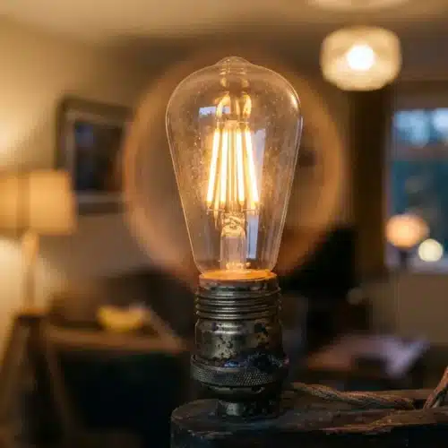 Ampoule qui clignote danger: ampoule Edison lumineuse dans un intérieur, éclairage chaleureux et électrique, ambiance domestique.