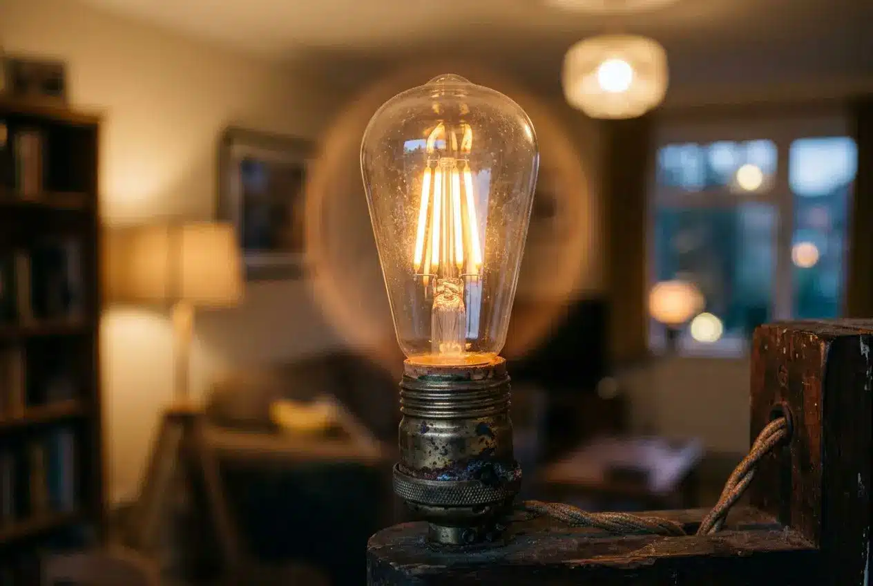 Ampoule qui clignote danger: ampoule Edison lumineuse dans un intérieur, éclairage chaleureux et électrique, ambiance domestique.
