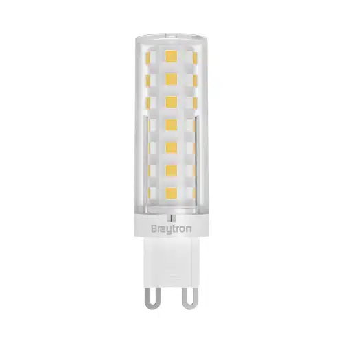 Ampoule LED G9 6.5W 6500K – 580lm Blanc froid, ampoule LED G9 avec tubes SMD et finition transparente, plaque Baytron blanc.