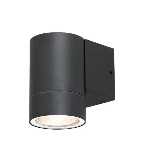Applique murale extérieure GU10 IP44 en aluminium gris, boîtier cylindrique avec support mural noir.