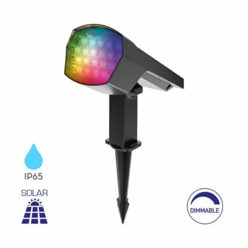 Spot LED solaire RGB sur piquet 12W IP65 gris foncé, projecteur extérieur autonome avec tête lumineuse colorée et piquet pointu pour installation au sol.