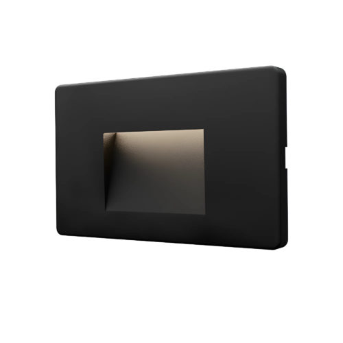 Applique LED Extérieure Noire 3W 3EN1 IP65 Moderne, boîtier noir rectangulaire avec volet revisité et éclairage intégré.