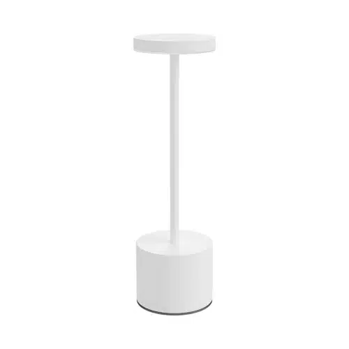 Lampe à poser LED rechargeable 3EN1 blanche, colonne droite et socle circulaire, design minimaliste, abat-jour rond au sommet, IP44.