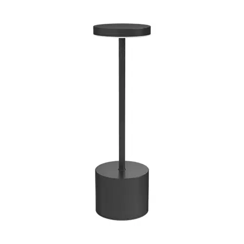 Lampe à poser LED rechargeable 3EN1 noire avec piédestal rond épuré et abat-jour plat, design dimmable IP44 intégré.