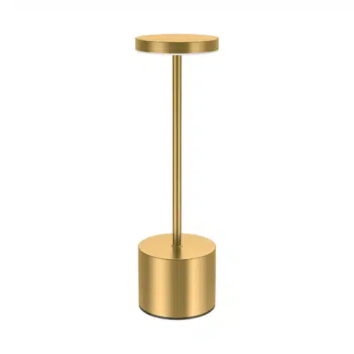 Lampe à poser LED rechargeable 3EN1 dorée et dimmable, piédestal vertical avec socle circulaire doré IP44.