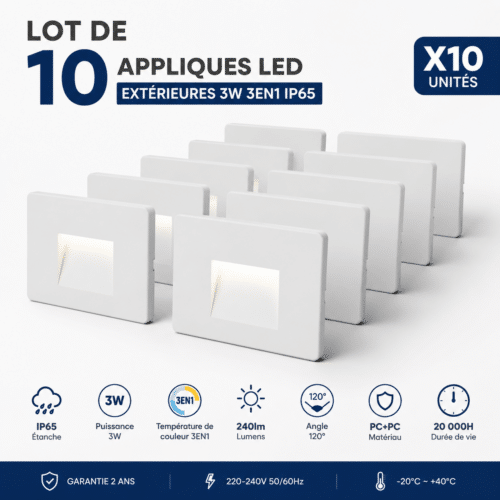 Lot de 10 Appliques LED Extérieures 3W 3EN1 IP65, affichage “X10 unités”, 10 appliques blanches en rangée avec icônes techniques en bas.