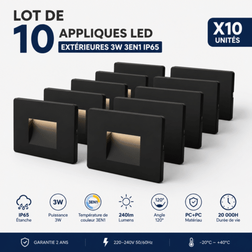 Lot de 10 appliques LED extérieures noires 3W, 3 en 1 IP65, affiché en rangée sur fond clair.