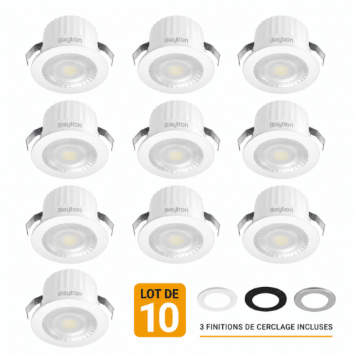 Lot de 10 mini spots LED encastrables 3W IP54 avec 3 finitions de cerclage inclus, affiché sur image.