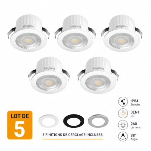 Lot de 5 mini spots LED encastrables 3W IP54, finition blanche, avec faisceau inclus et joints de scelage.