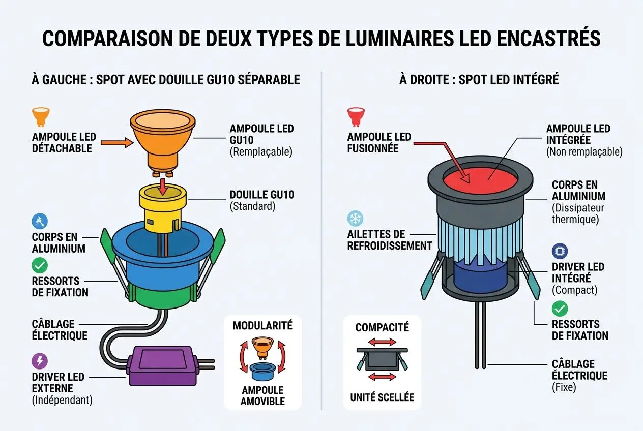 Comparaison des deux types de luminaires LED encastrés: à gauche, spot avec douille séparée et corps en aluminium, et à droite spot LED intégré avec unité scellée. Différences d’encombrement, câblage fixe, et systèmes de fixation. Différence entre spots encastrés et non encastrés.
