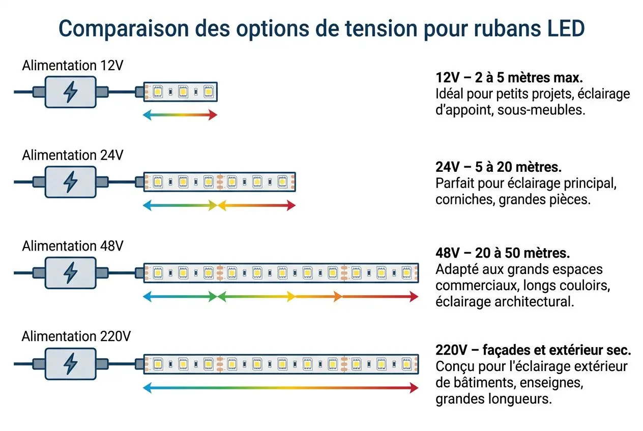 Comparaison des options de tension pour rubans LED montrant 12V, 24V, 48V et 220V avec longueurs d’installation et usages variés selon chaque tension. Puissance ruban led choisir intégrée de manière naturelle.
