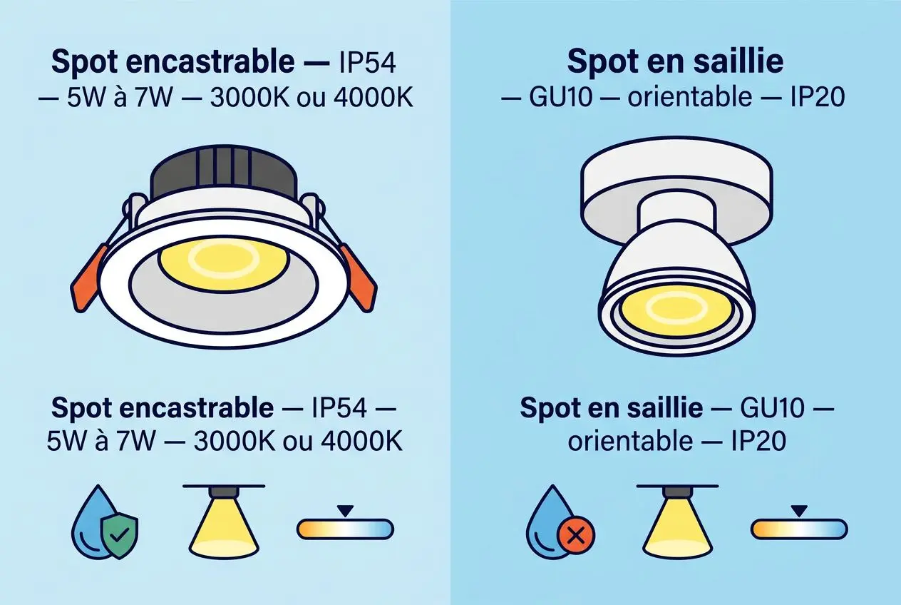 Comparaison spots encastrables et saillie pour cuisine