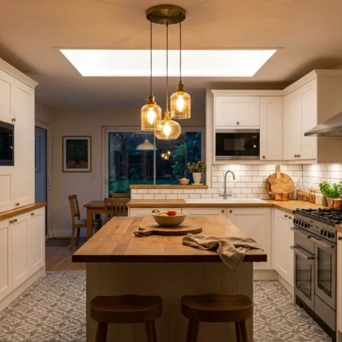 Cuisine lumineuse avec îlot central, suspensions dorées, éclairage naturel par fenêtre, meubles blancs, et électroménagers en acier. Quel type de luminaire pour une cuisine adapté.