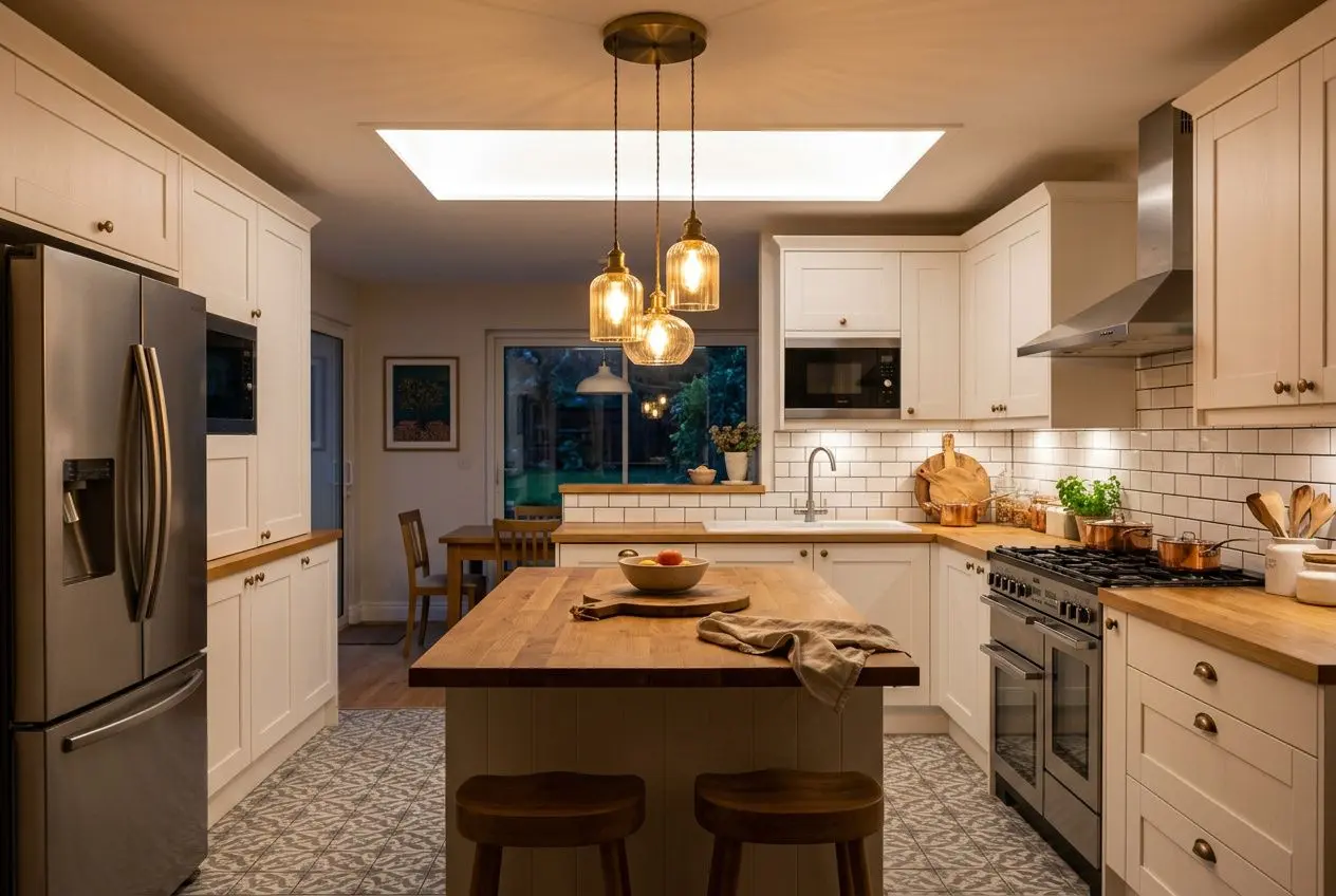 Cuisine lumineuse avec îlot central, suspensions dorées, éclairage naturel par fenêtre, meubles blancs, et électroménagers en acier. Quel type de luminaire pour une cuisine adapté.