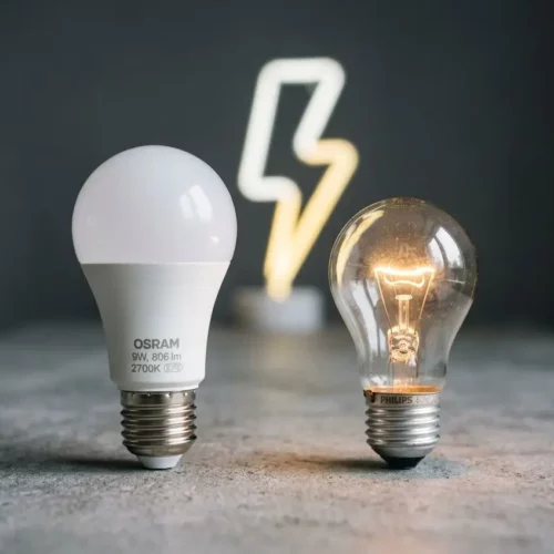 Deux ampoules électriques côte à côte sur une surface, l'une LED blanche opaque et l'autre ampoule à filament allumée, avec éclairement d'ambiance en arrière-plan. Intègre subtilement le thème remplacer ampoule 60w par led 100w.