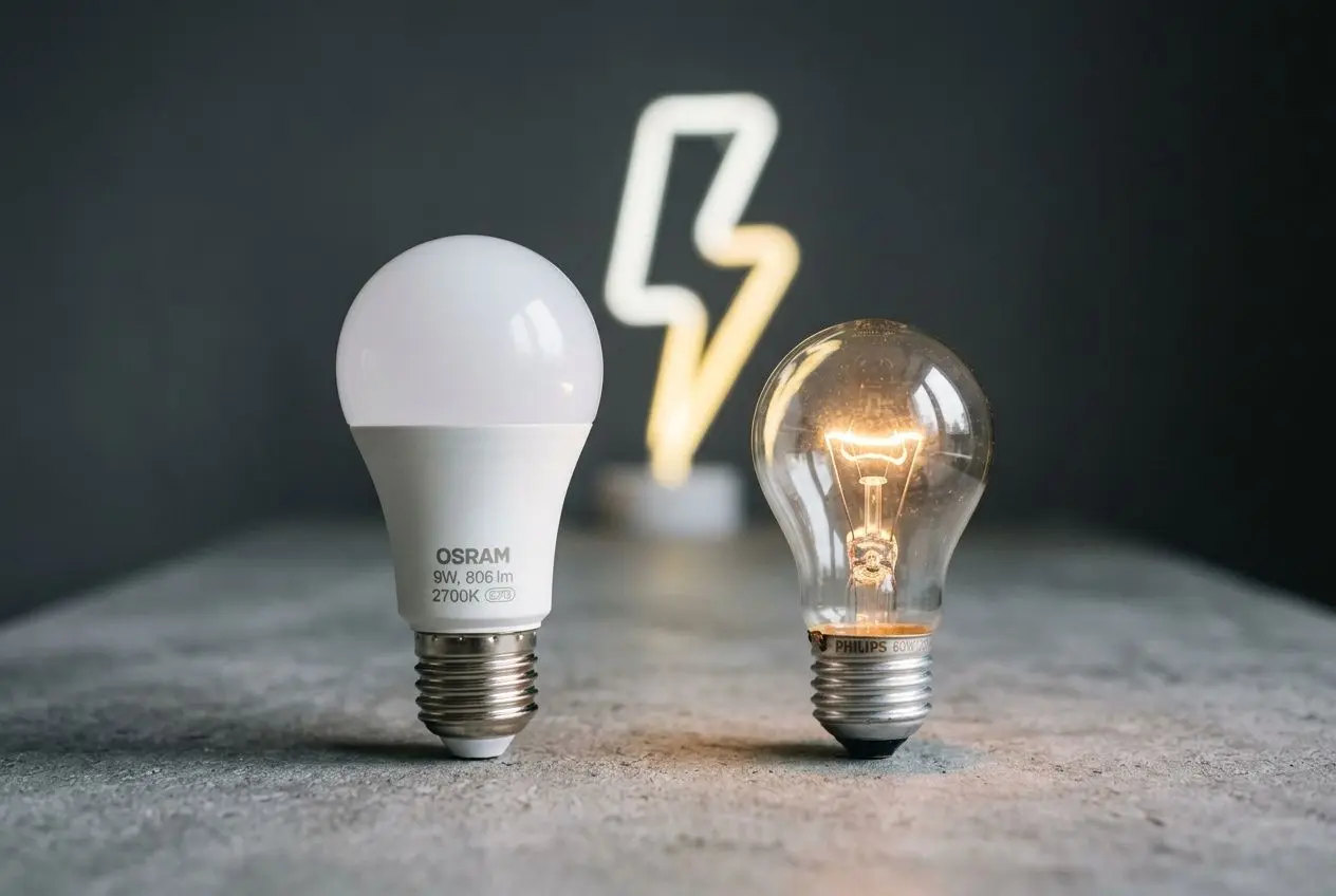 Deux ampoules électriques côte à côte sur une surface, l'une LED blanche opaque et l'autre ampoule à filament allumée, avec éclairement d'ambiance en arrière-plan. Intègre subtilement le thème remplacer ampoule 60w par led 100w.