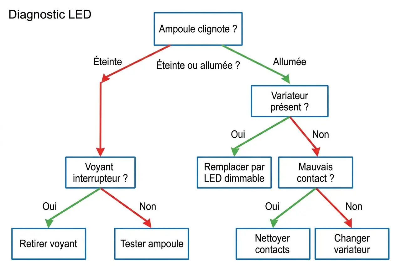 Diagnostique LED : ampoule qui clignote ? arbre décisionnel indiquant causes et actions possibles.
