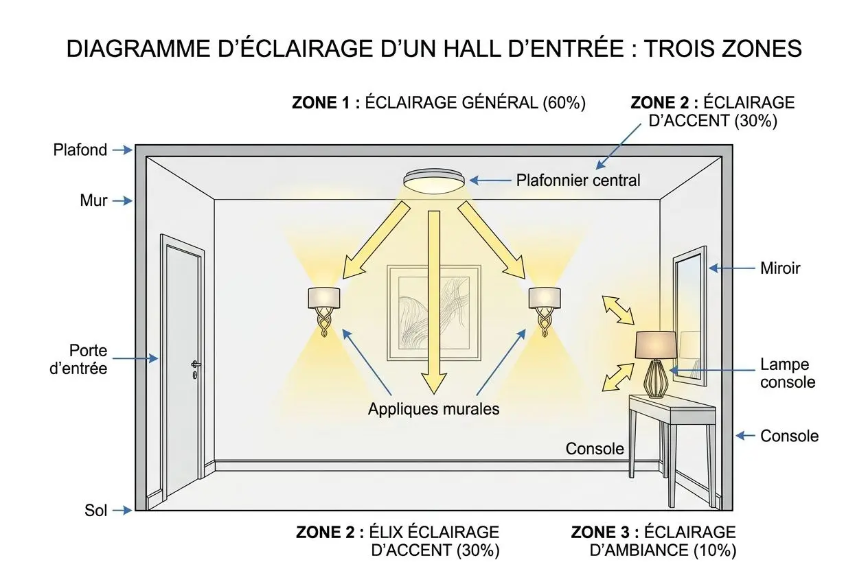 Diagramme d’éclairage d’un hall d’entrée : trois zones avec plafonnier central, appliques murales et ambiance lumineuse.