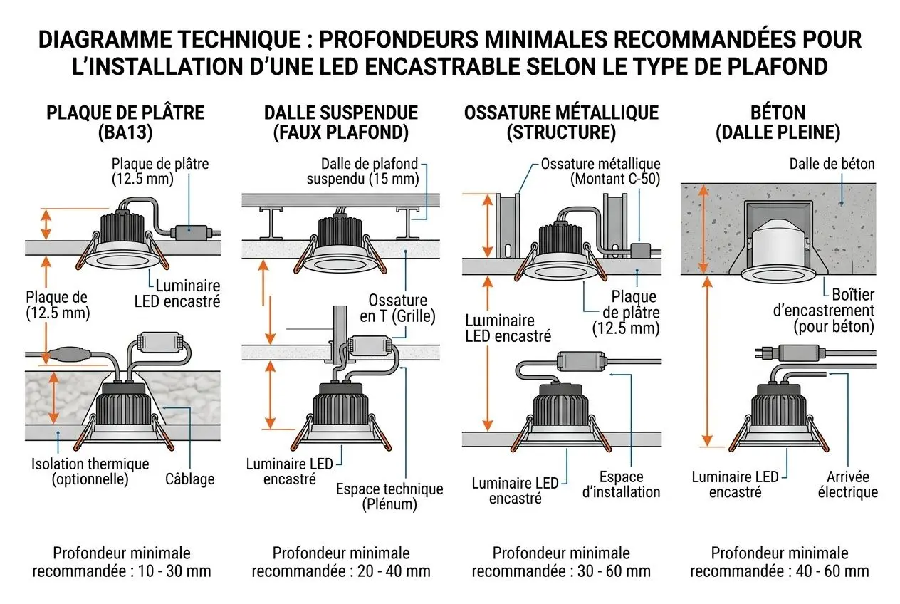 Diagramme technique montrant les profondeurs minimales recommandées pour l’installation d’un LED encastrable selon le type de plafond (platine, suspension, ossature métallique, béton), avec LED encastrée et espaces d’installation; compare les variantes encastrées et en saillie. Différence entre spots encastrés et non encastrés.