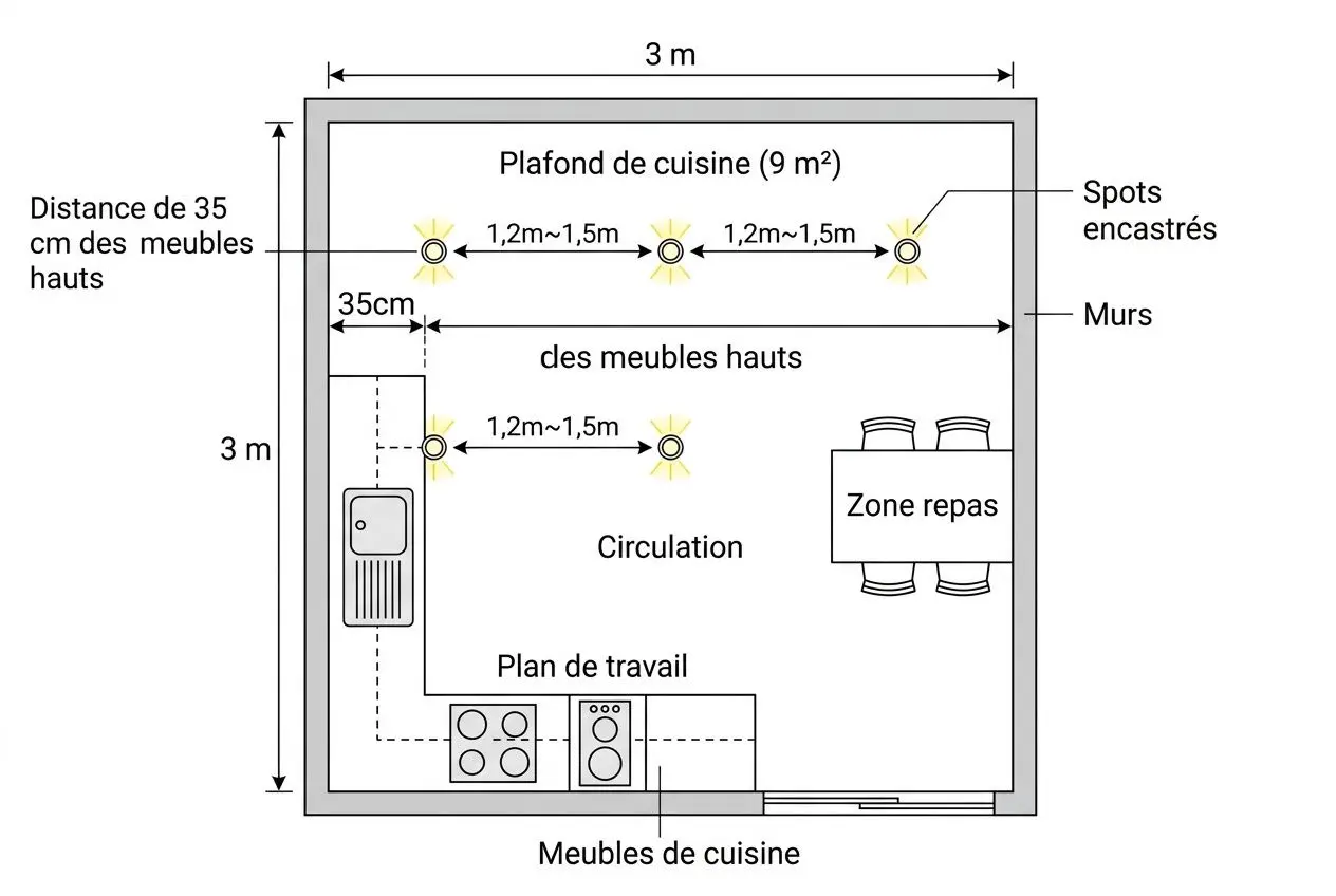 Disposition spots plafond cuisine 9m²