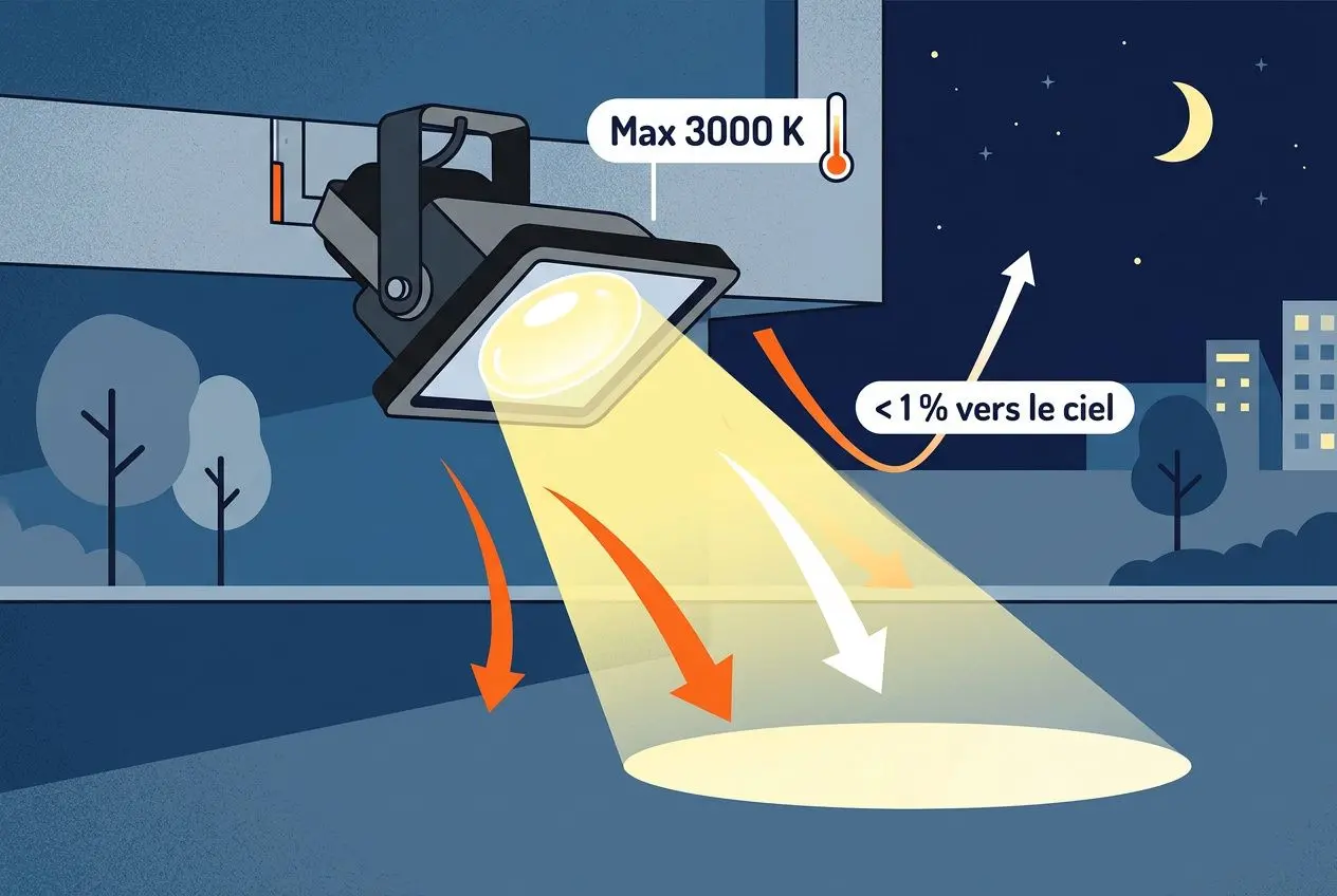 Éclairage extérieur réglementation : projecteur nocturne pointant vers le sol, flèches indiquant les pertes lumineuses ≤1% vers le ciel et température max 3000 K sous un ciel nocturne.