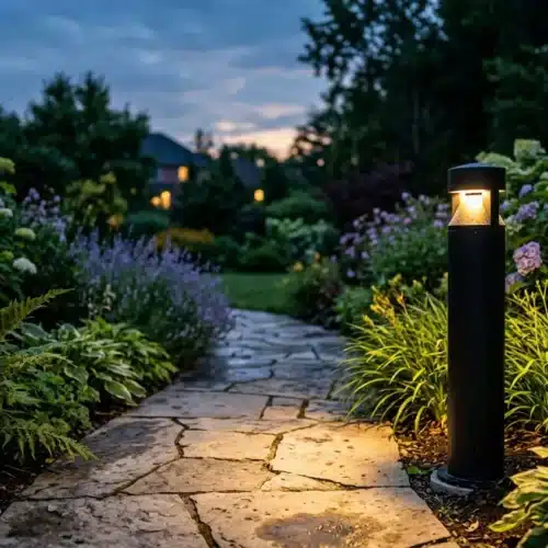Éclairage extérieur réglementé : chemin en pierre éclairé par une lampe piquante, jardin nocturne paisible, nuisances lumineuses maîtrisées selon l’arrêté du 27 décembre 2018.