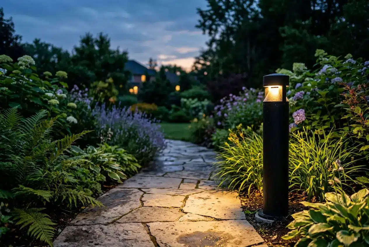 Éclairage extérieur réglementé : chemin en pierre éclairé par une lampe piquante, jardin nocturne paisible, nuisances lumineuses maîtrisées selon l’arrêté du 27 décembre 2018.