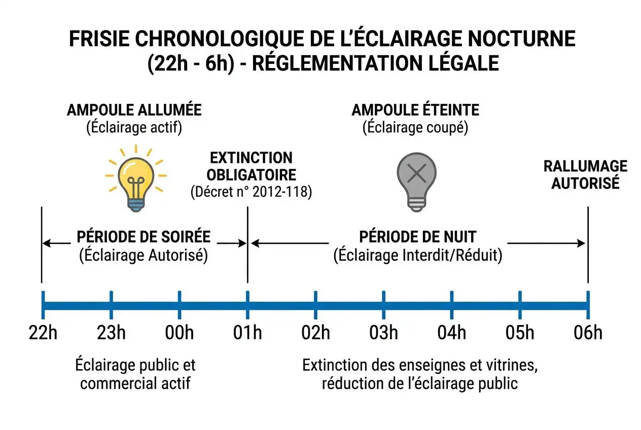 Frise chronologique de l’éclairage nocturne montrant ampoule allumée et extinction obligeoire, période de soirée et nuit, puis rallumage autorisé, avec les heures 22h à 06h. Intègre l’éclairage extérieur réglementation.