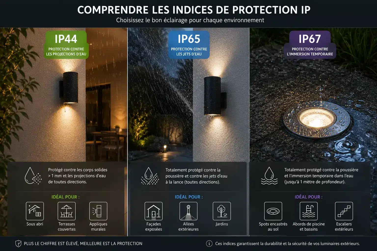 Guide visuel des normes IP44, IP65 et IP67 pour spots LED extérieurs, appliques murales et éclairage de jardin
