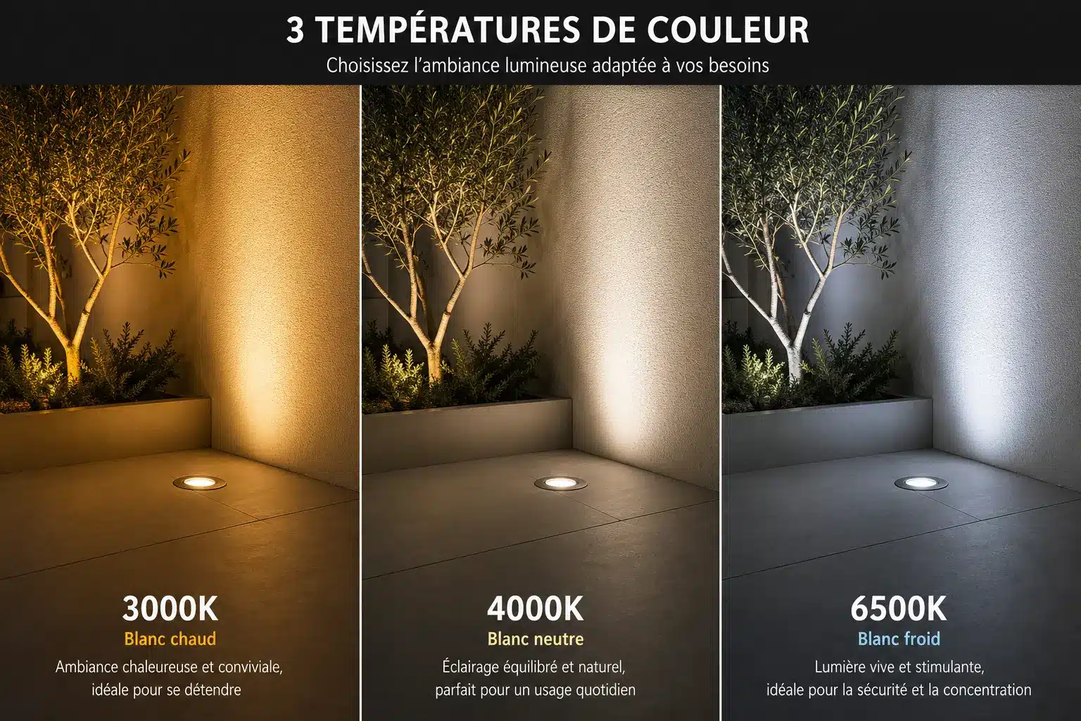 Guide visuel des températures de couleur LED pour éclairage extérieur avec exemples de rendu lumineux 3000K 4000K 6500K