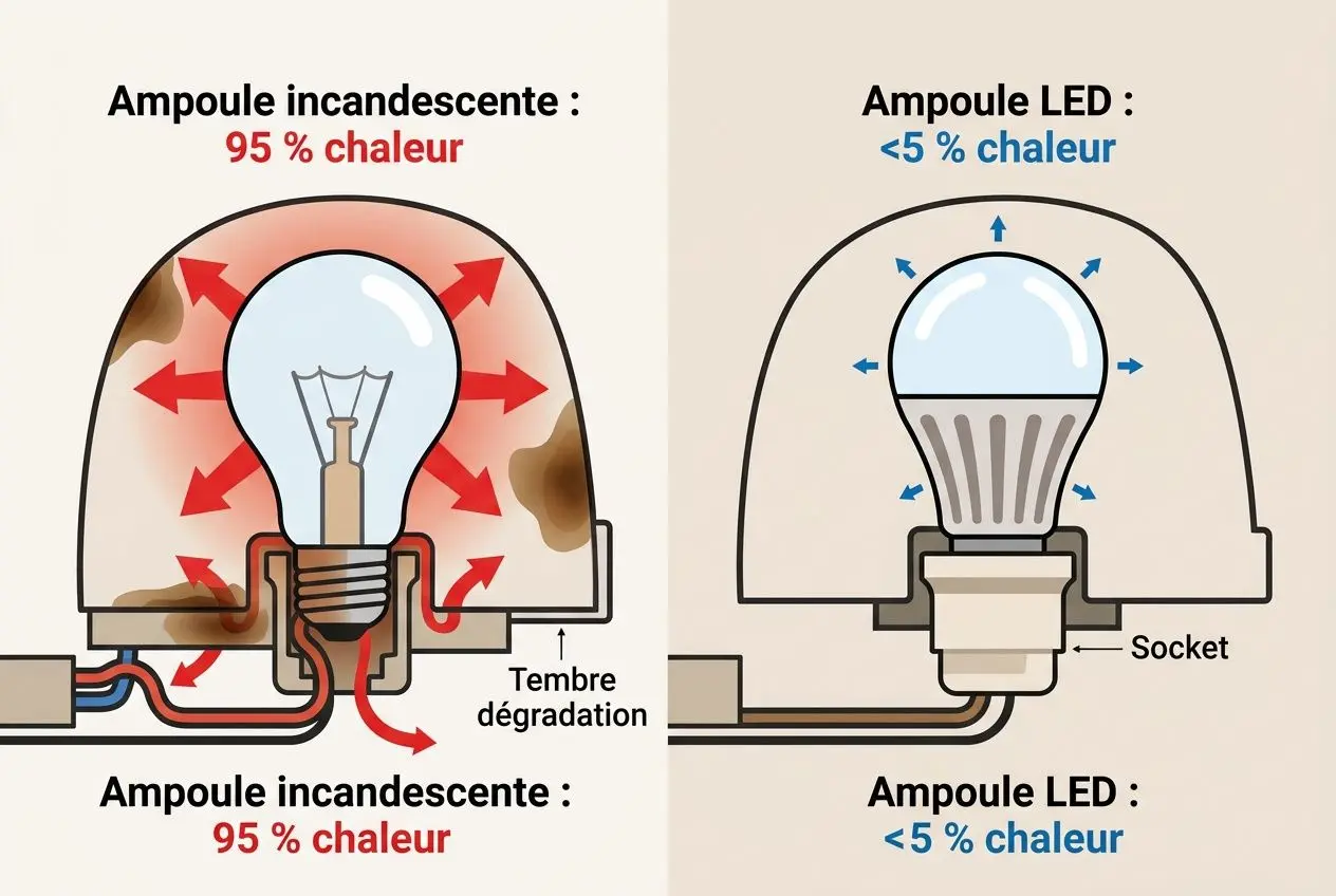 Illustration comparant ampoules: incandescence perd beaucoup de chaleur et peut endommager le luminaire; ampoule LED émet <5 % de chaleur et accepte un socket standard. Contenu lié à remplacer ampoule 60w par led 100w.