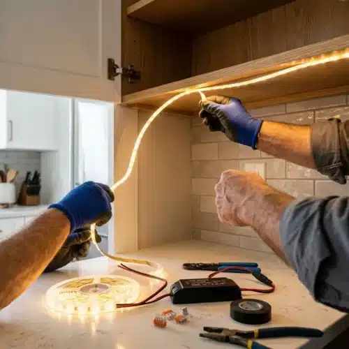 Installation d’un ruban LED lumineux sous une étagère, connexion et contrôle électrique pour choisir la puissance ruban led choisir et assurer l’éclairage ambiant.