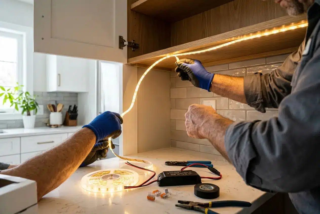 Installation d’un ruban LED lumineux sous une étagère, connexion et contrôle électrique pour choisir la puissance ruban led choisir et assurer l’éclairage ambiant.