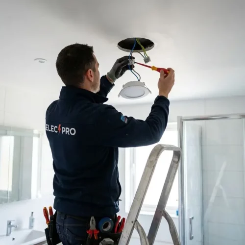 Installation d’un spot encastrable salle de bain ip44, électricien sur échelle connectant les câbles.