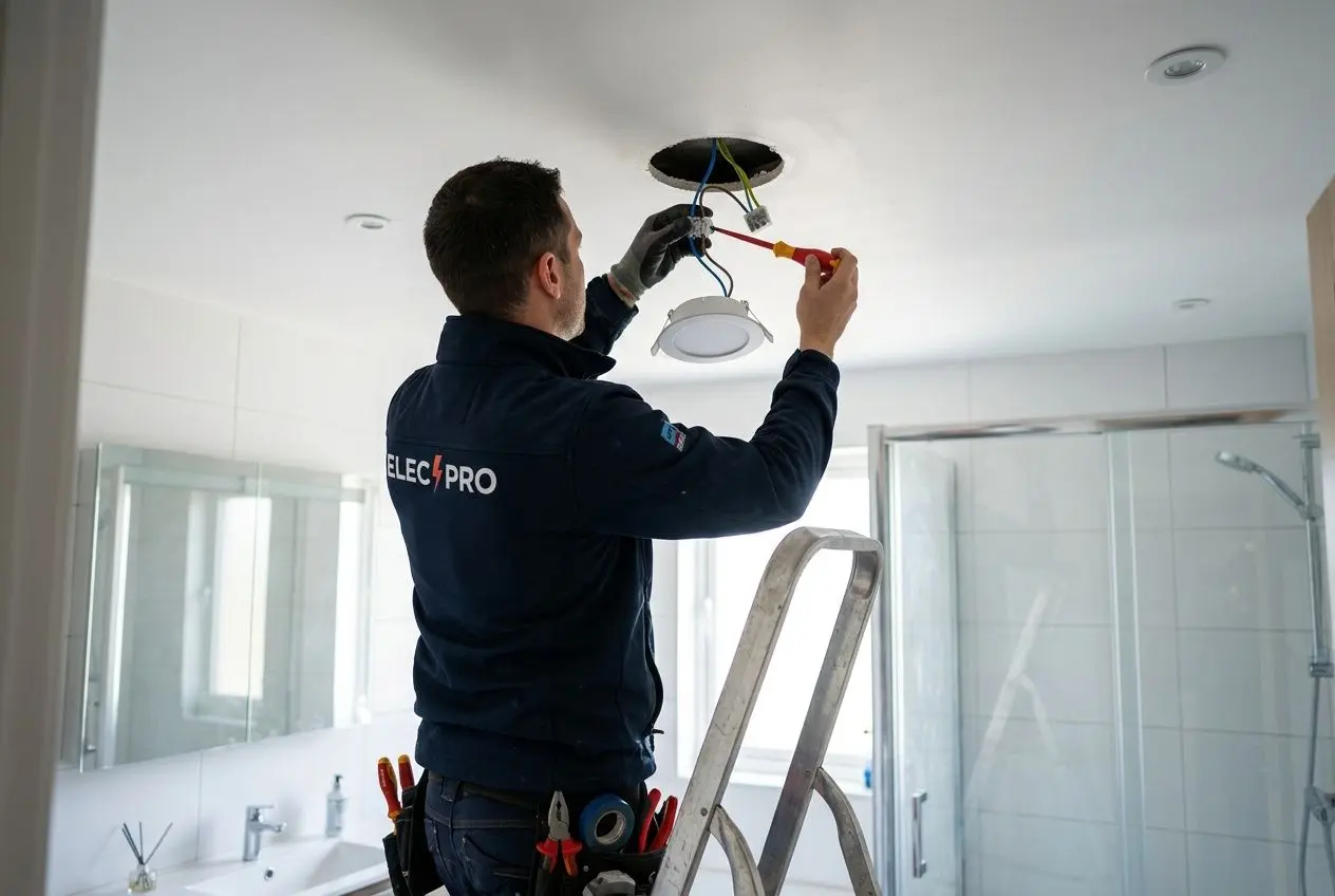 Installation d’un spot encastrable salle de bain ip44, électricien sur échelle connectant les câbles.