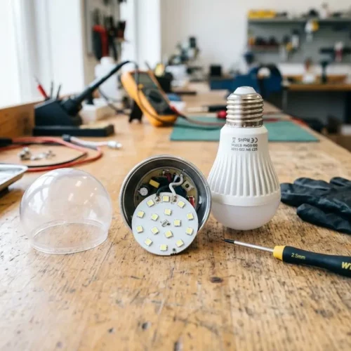 Lampe LED démontée sur un établi, composants électroniques visibles et tournevis à côté; ambiance atelier technique. Réparer ampoule led sans soudure possible, présentation étape par étape.
