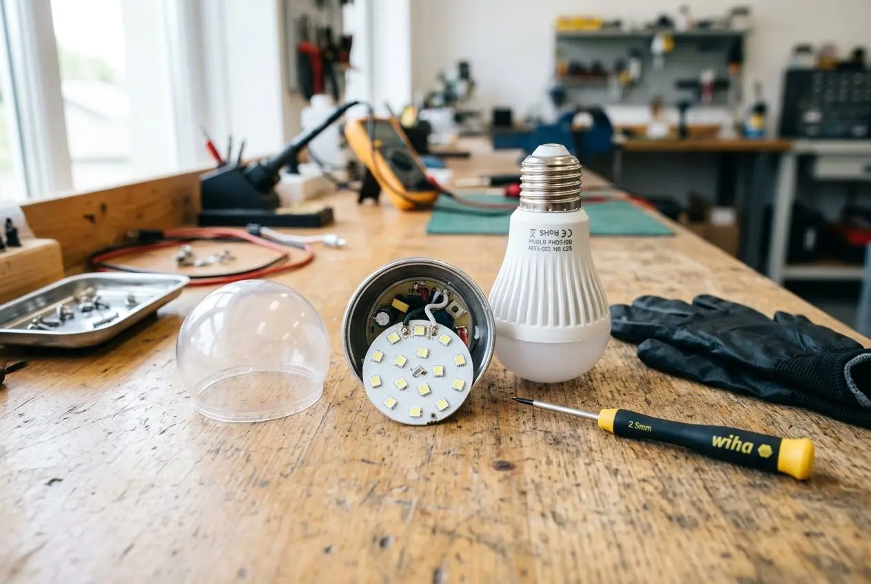 Lampe LED démontée sur un établi, composants électroniques visibles et tournevis à côté; ambiance atelier technique. Réparer ampoule led sans soudure possible, présentation étape par étape.