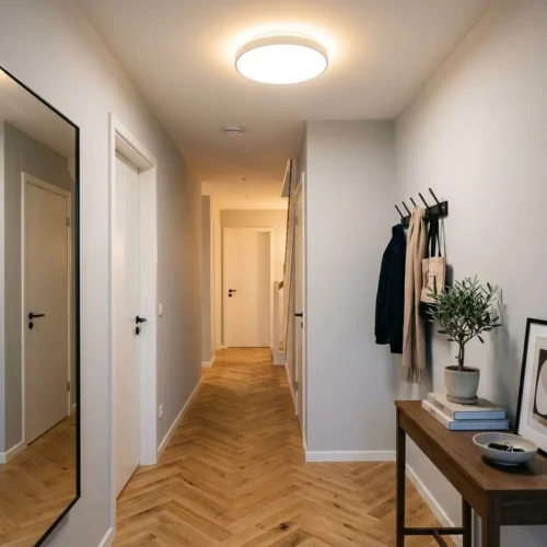 Luminaire hall d'entrée moderne éclairant un couloir linéaire, miroir au mur gauche, table console avec plante et cadres sur le côté droit.