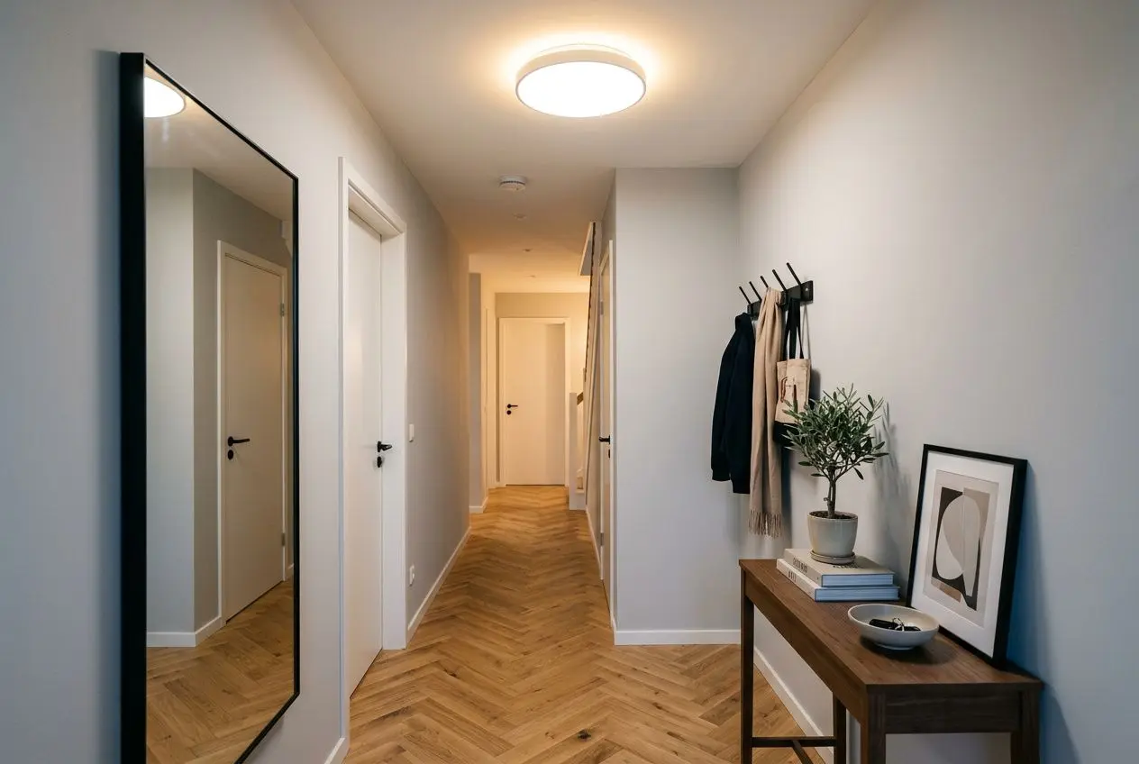 Luminaire hall d'entrée moderne éclairant un couloir linéaire, miroir au mur gauche, table console avec plante et cadres sur le côté droit.