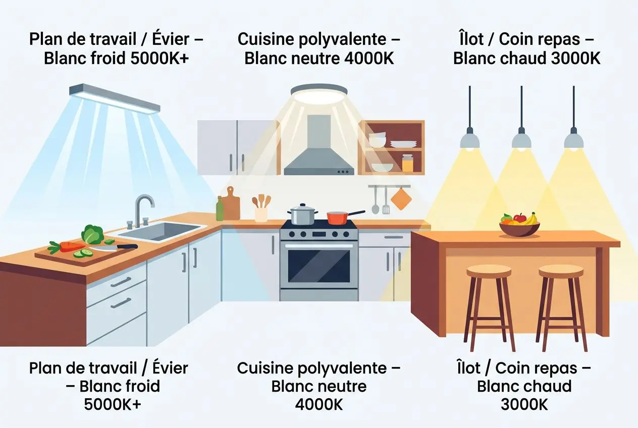 Plan de cuisine avec éclairage varié: plafonniers, spots et bandeaux LED pour cuisine blanche et bois, 3000K à 5000K. Quel type de luminaire pour une cuisine.